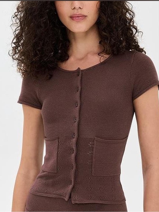 Peachy Den Tops - Peachy Den Marie Knit Button Down Short Sleeve Sweater Blouse Brown